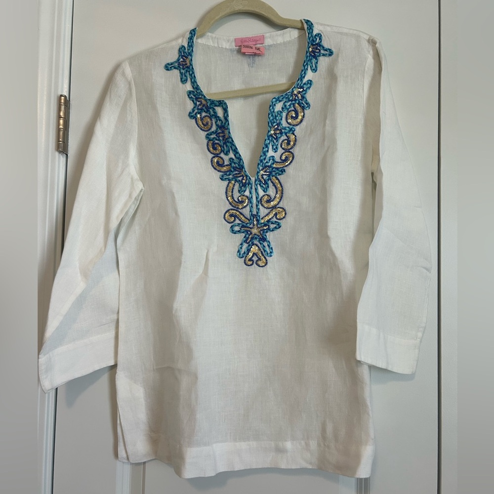 Lilly Pulitzer White Blue Embellished V-Neck 3/4 Sleeve Tunic Top